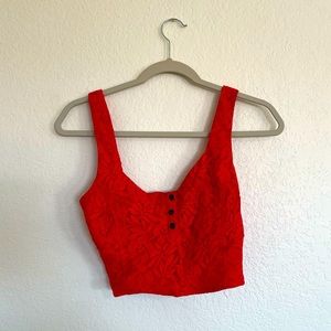 Red floral lace crop top with button front. Size S.